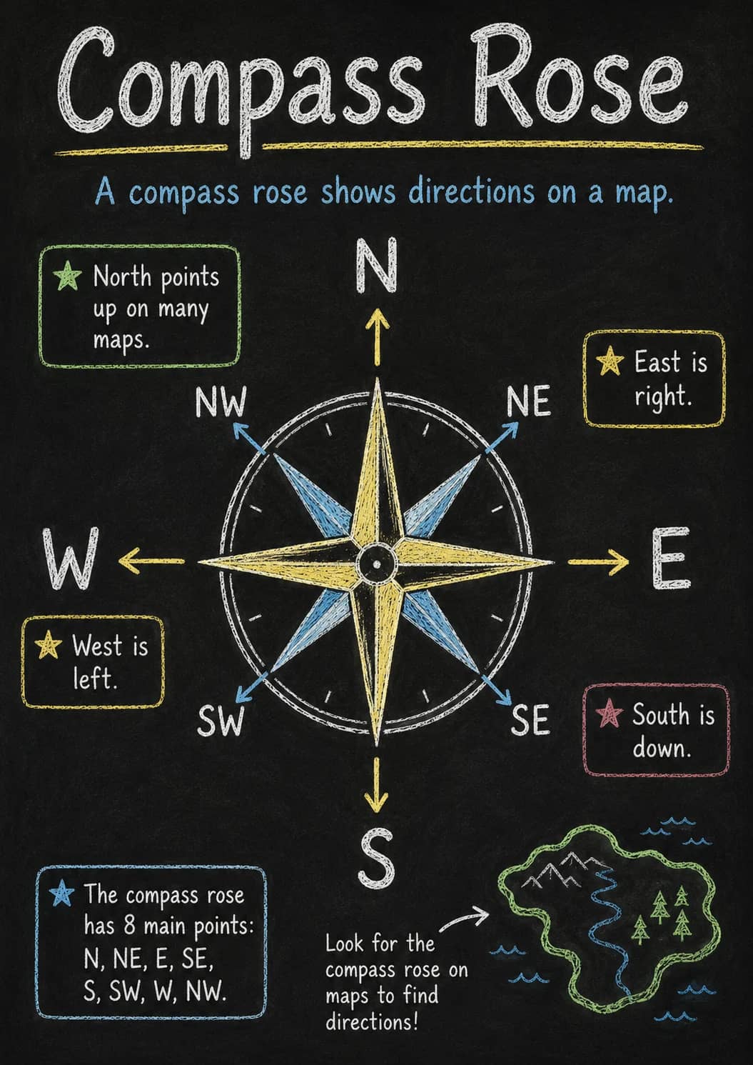 Compass Rose infographic poster showing A compass rose shows directions on a map. for Map Skills.