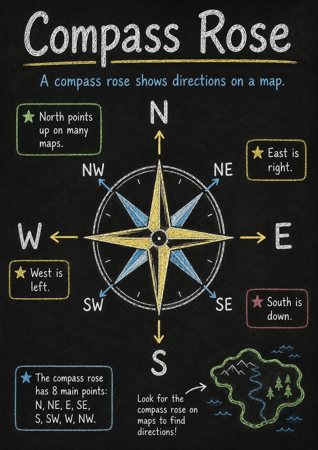 Compass Rose infographic poster with clear labels for Map Skills.