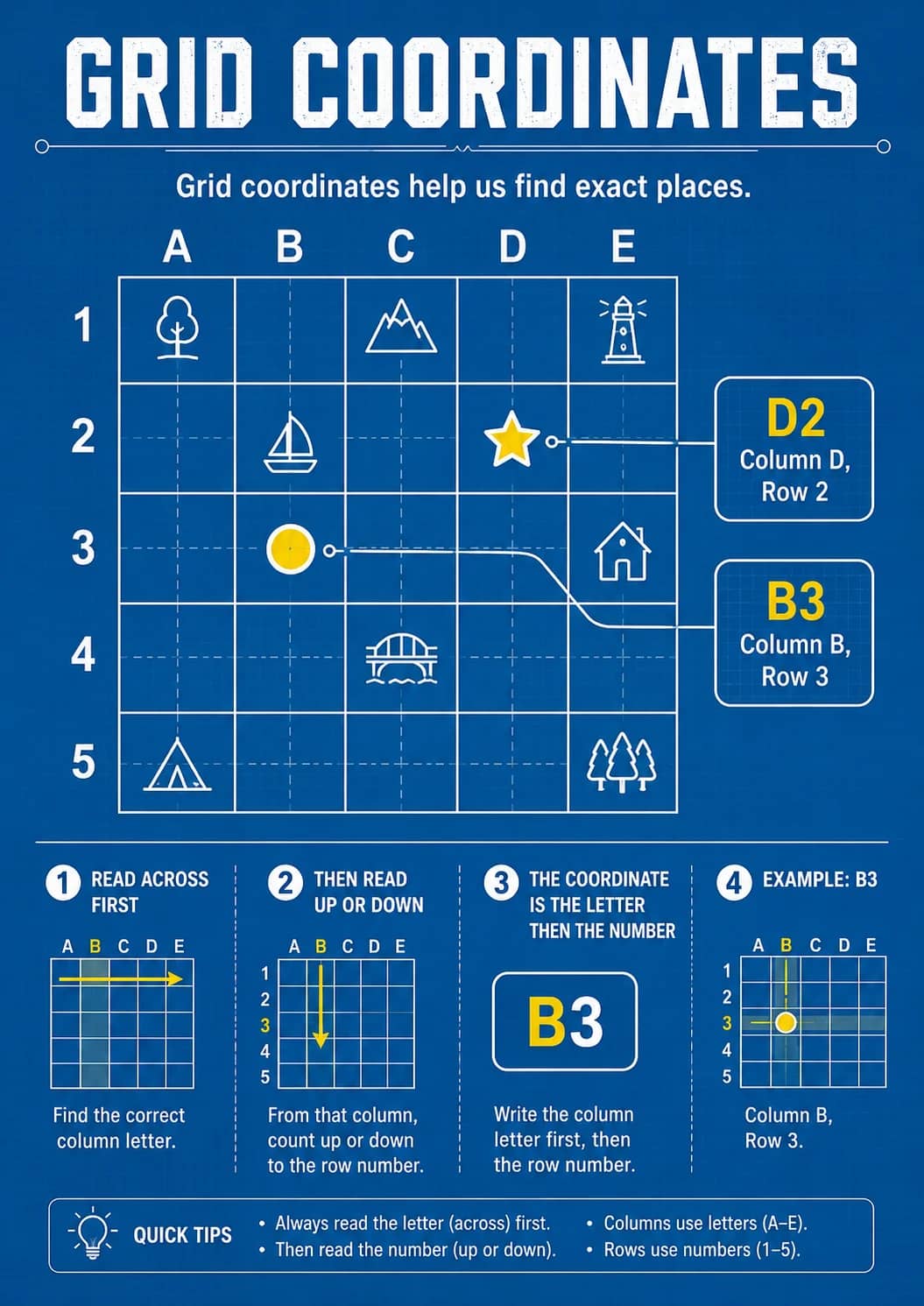 Grid Coordinates infographic poster showing Grid coordinates help us find exact places., 1 READ ACROSS FIRST, Find the correct column...