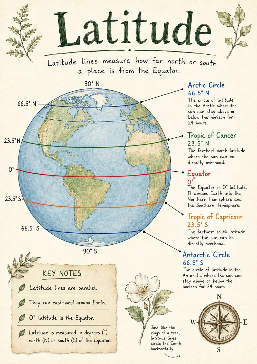 Latitude infographic poster showing Latitude lines measure how far north or south a place is from the Equator., Arctic Circle, 66.5° N,...
