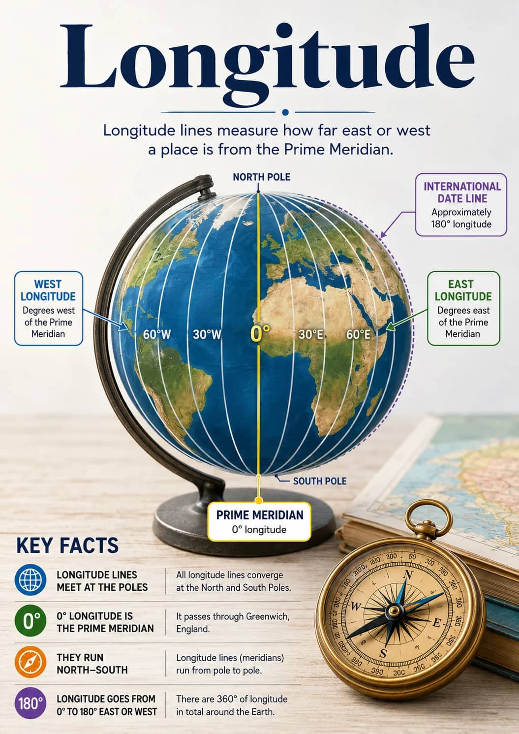 Longitude infographic poster showing Longitude lines measure how far east or west a place is from the Prime Meridian., KEY FACTS,...