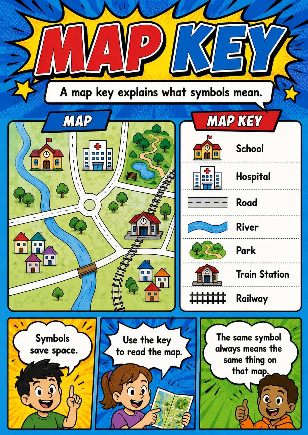 Map key infographic poster showing A map key explains what symbols mean., MAP, School, Hospital and Road for Map Skills.