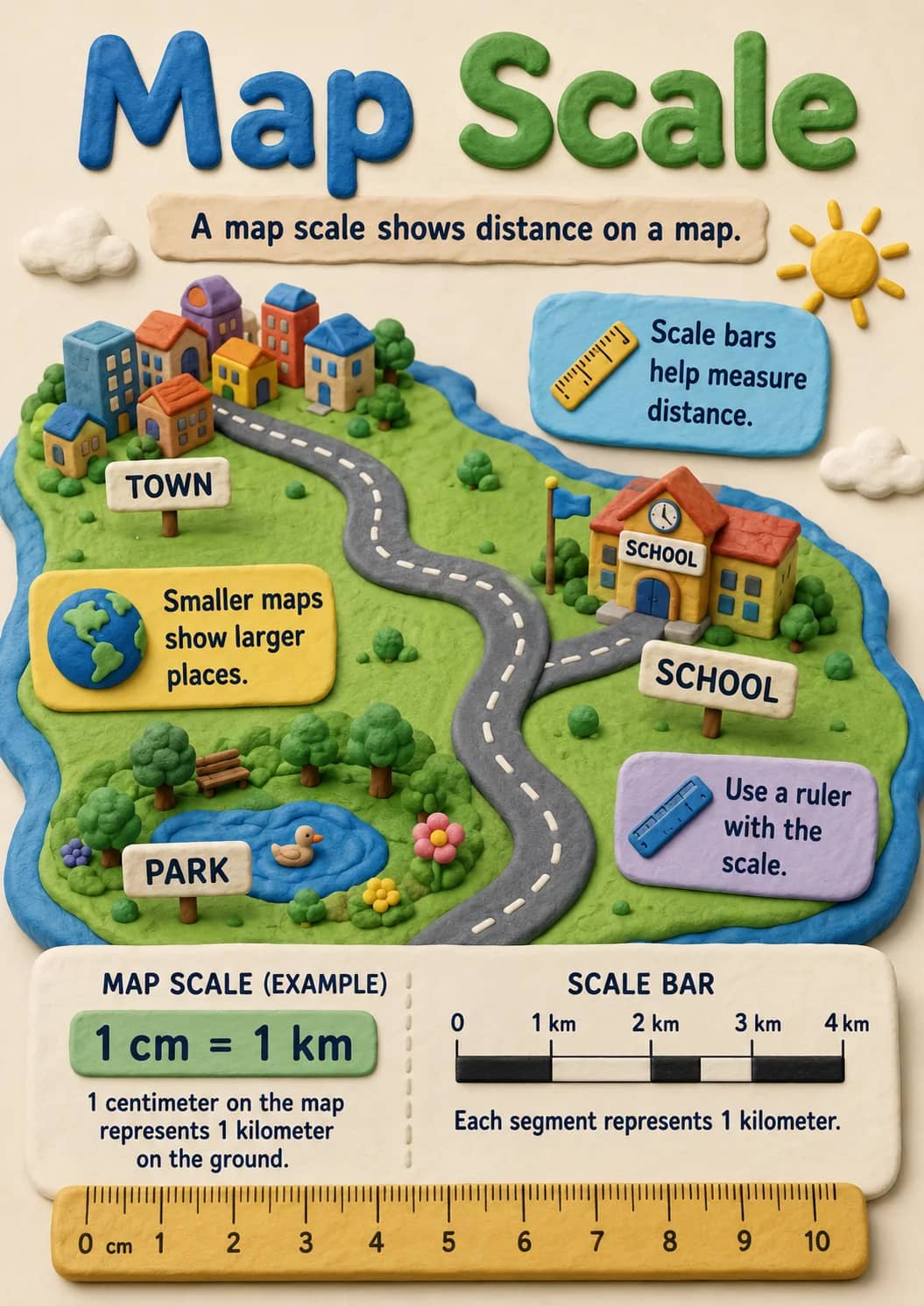 Map Scale infographic poster showing A map scale shows distance on a map., 1 cm = 1 km, 1 centimeter on the map represents 1 kilometer on...