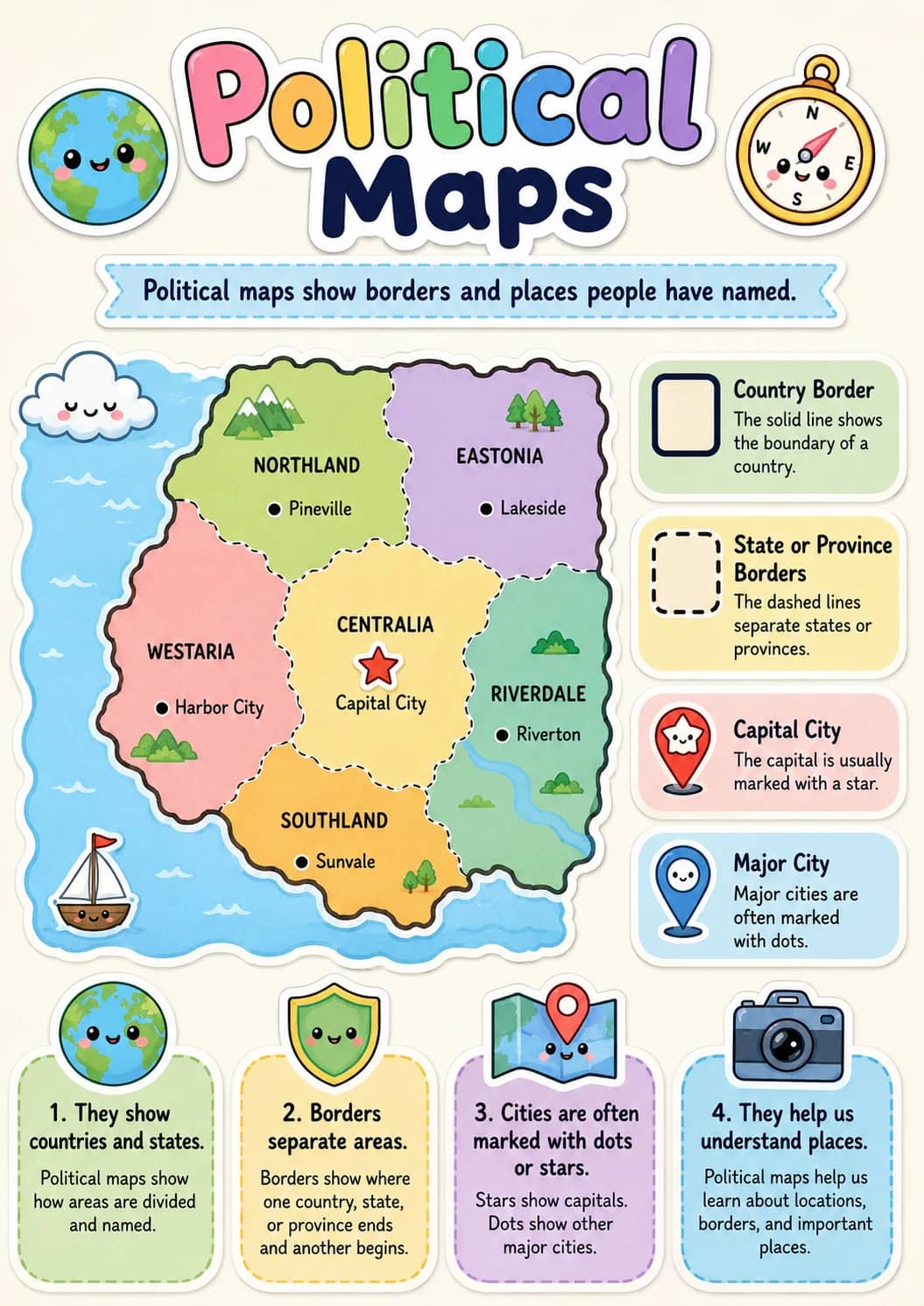 Political Maps infographic poster showing Political maps show borders and places people have named., Country Border, The solid line shows...