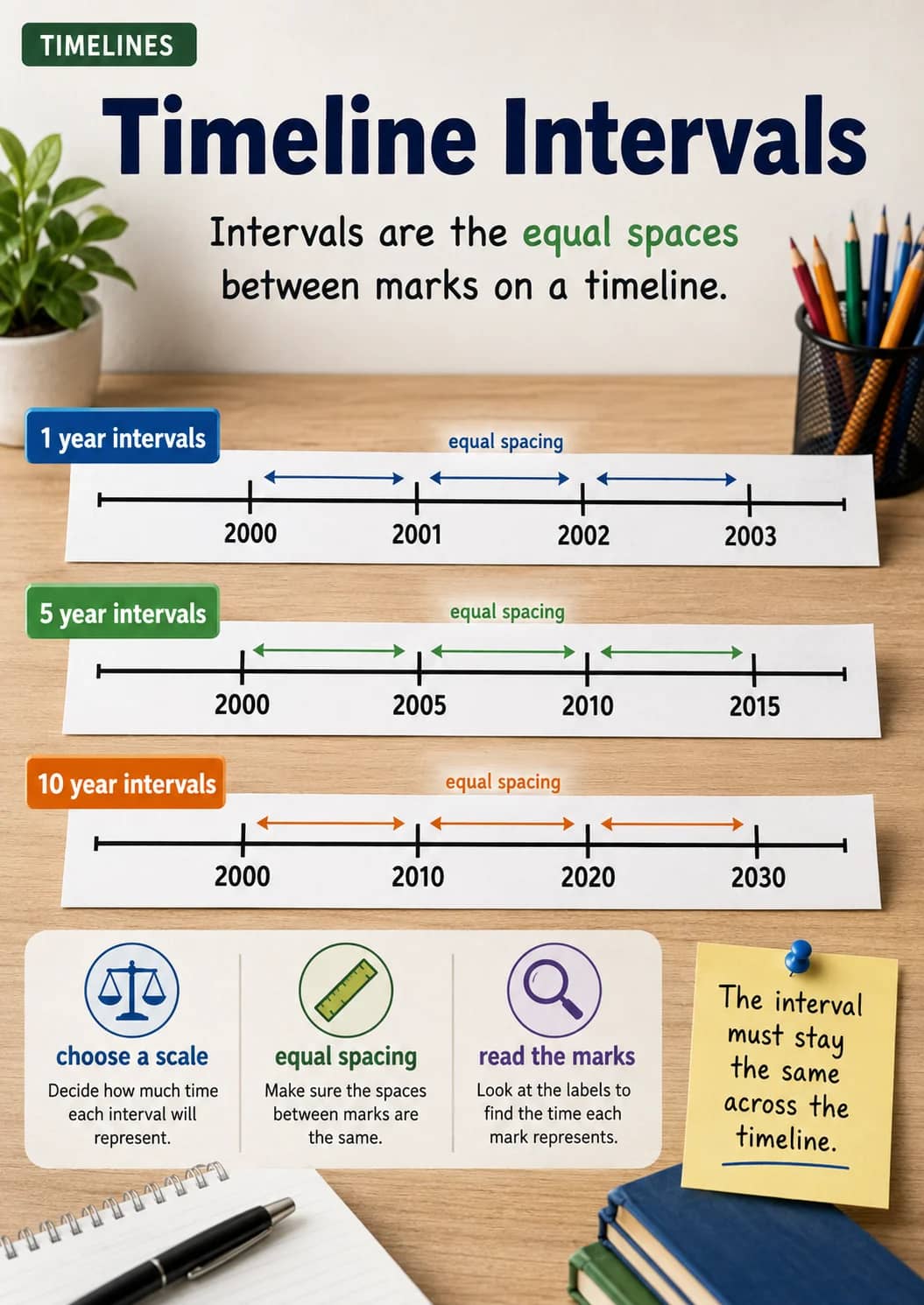 Timelines infographic poster showing Timeline Intervals, Intervals are the equal spaces between marks on a timeline., 1 year intervals,...