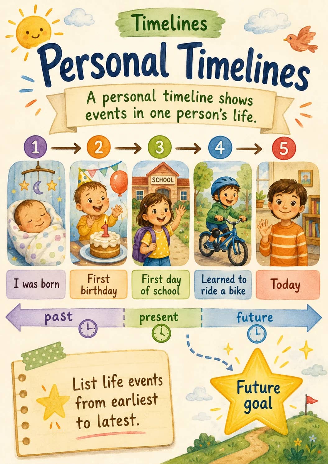 Timelines infographic poster showing Personal Timelines, A personal timeline shows events in one person's life., I was born, First...