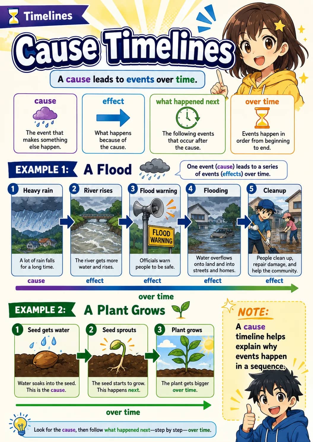 Timelines infographic poster showing Cause Timelines, A cause leads to events over time., cause, The event that makes something else...