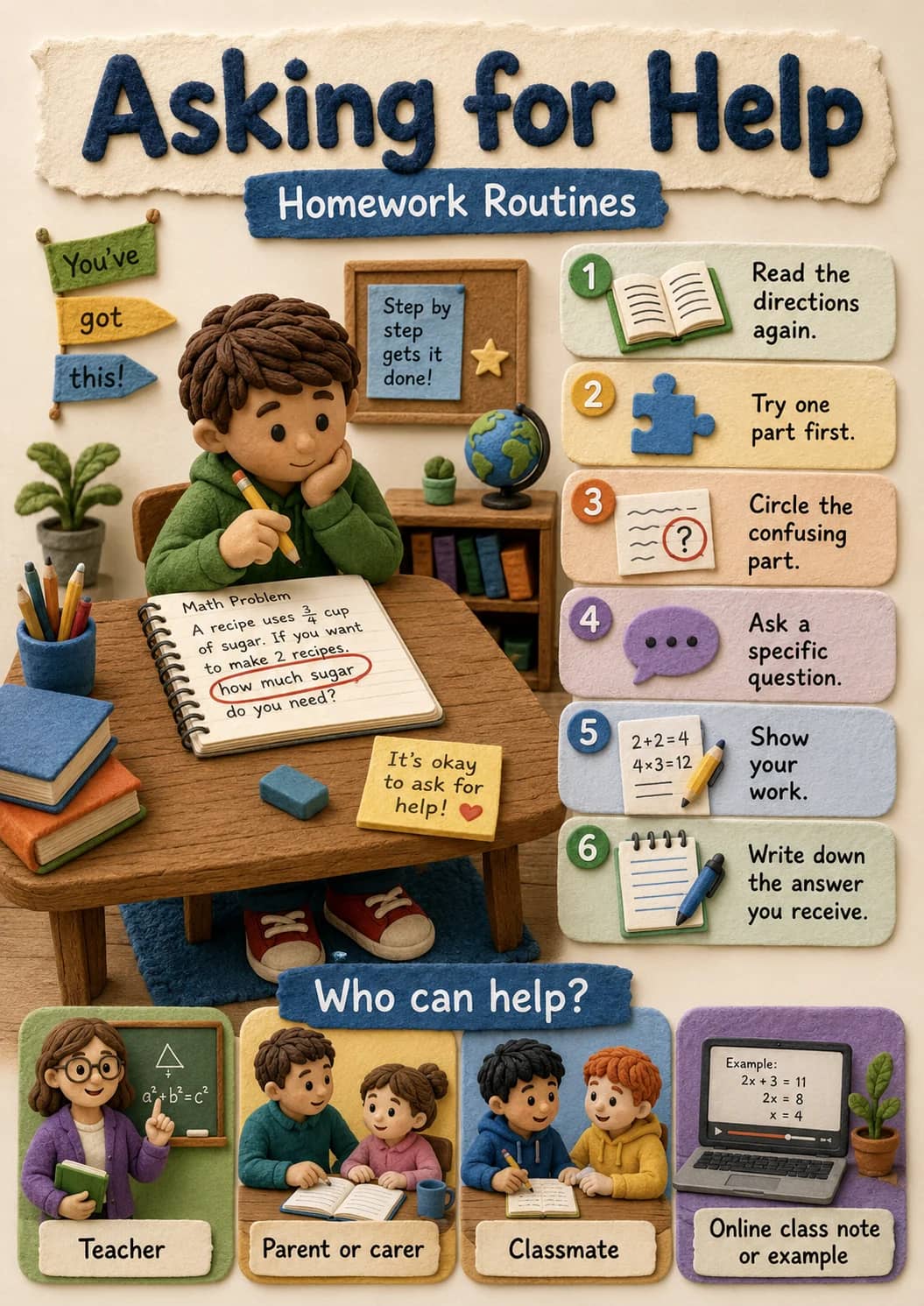 Asking for Help infographic poster showing Asking for Help and Homework Routines for Homework Routines.