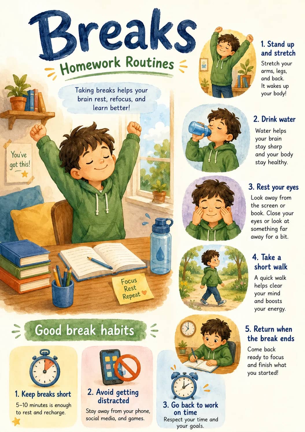 Breaks infographic poster showing Taking breaks helps your brain rest, refocus, and learn better!, You've got this!, 1. Stand up and...