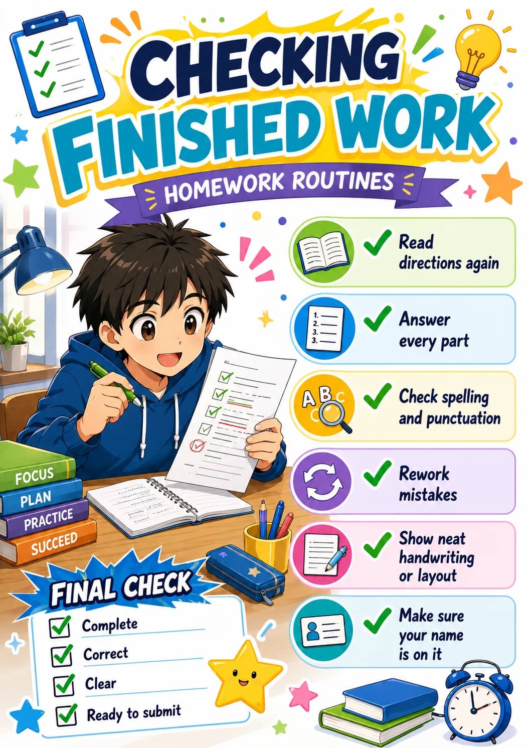 Checking infographic poster showing FINISHED WORK, ✓ Read directions again, ✓ Answer every part, ✓ Check spelling and punctuation and ✓...