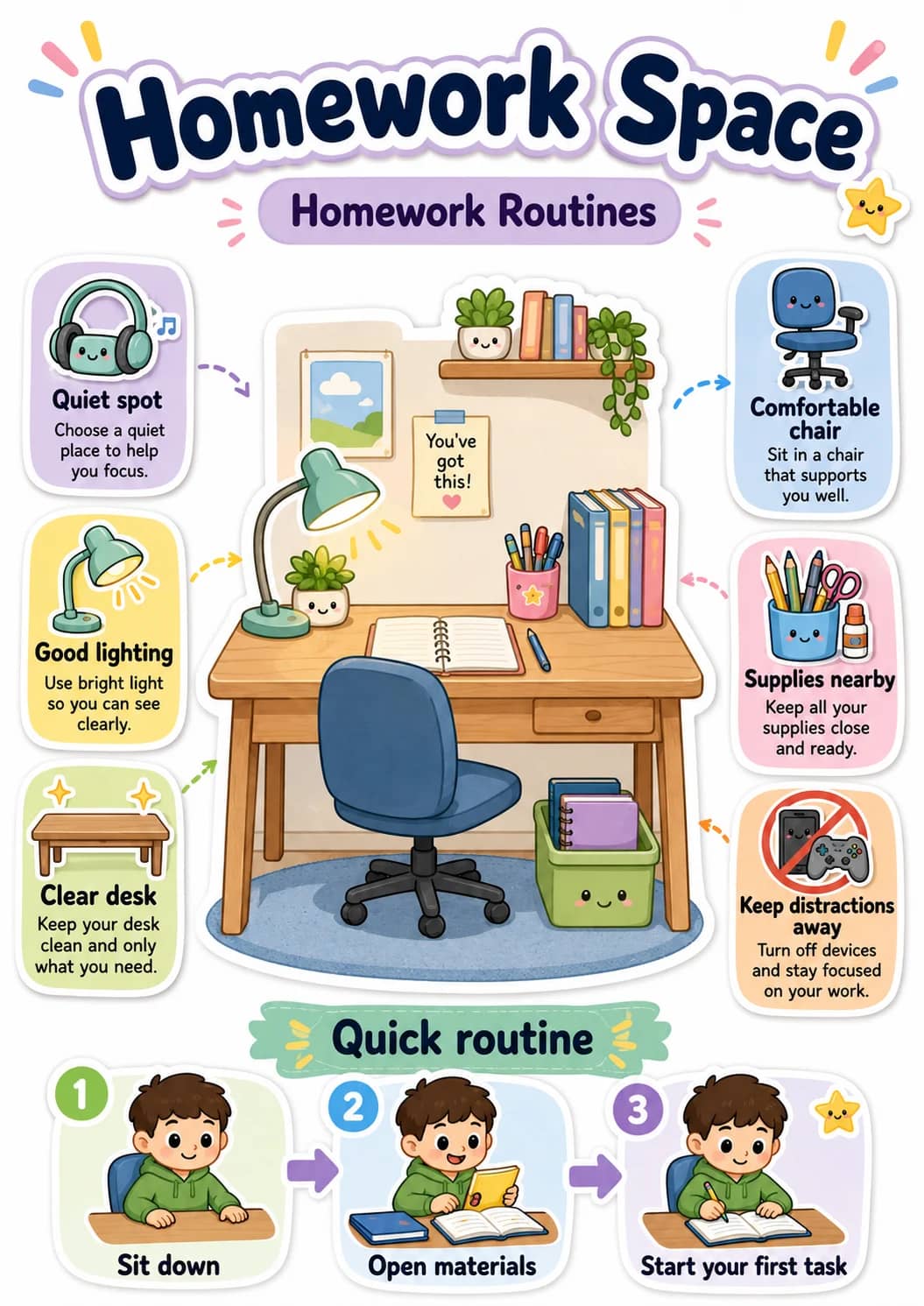 Homework space infographic poster showing Quiet spot, Choose a quiet place to help you focus., Good lighting, Use bright light so you can...