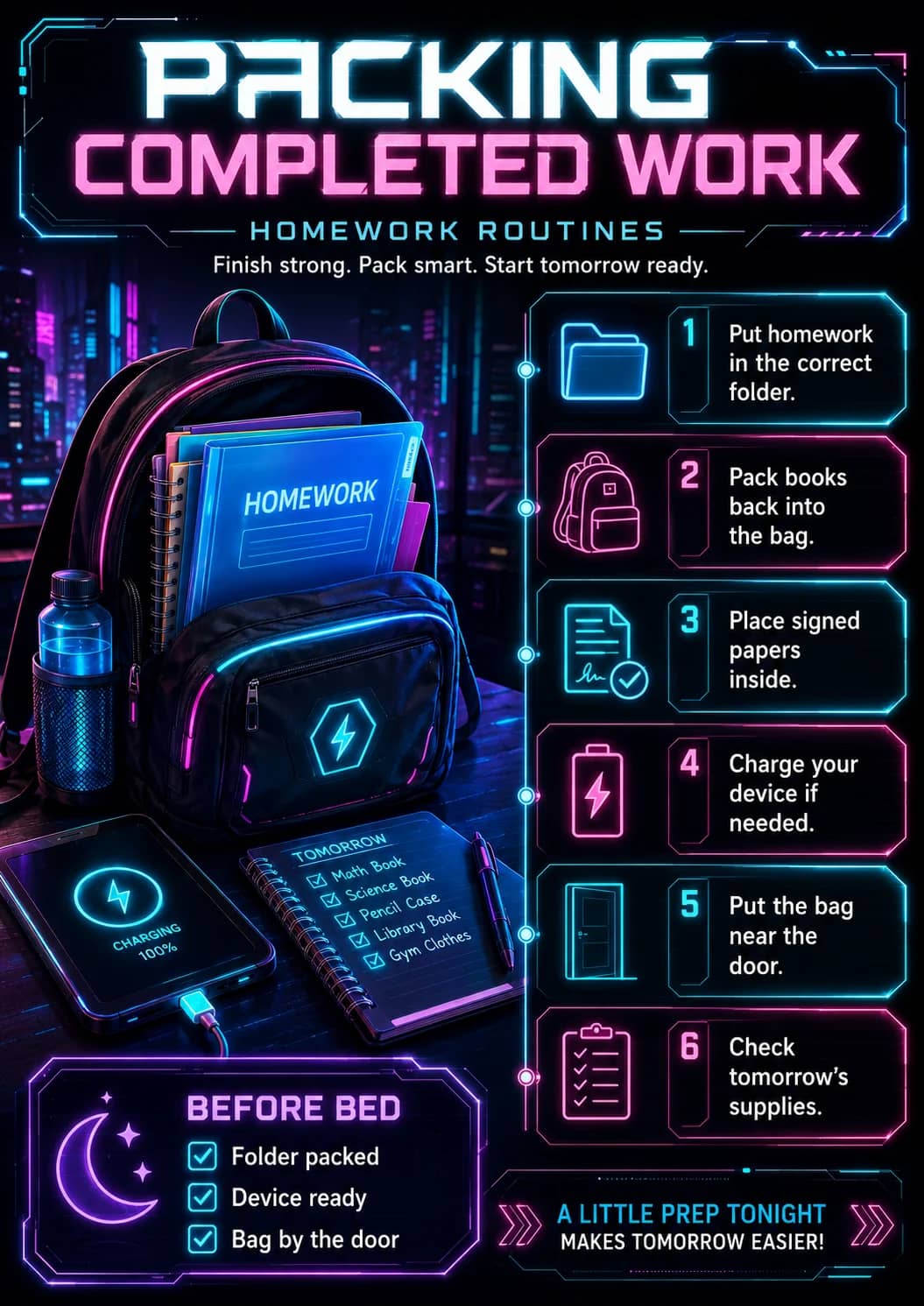 Packing Completed Work infographic poster showing Finish strong. Pack smart. Start tomorrow ready., 1 Put homework in the correct folder.,...
