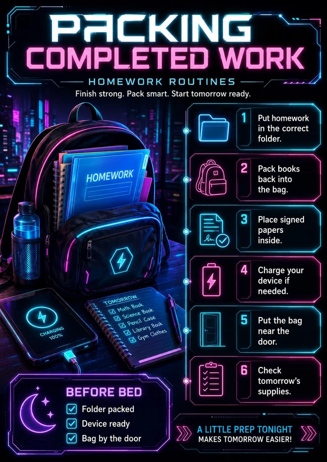 Packing Completed Work infographic poster showing Finish strong. Pack smart. Start tomorrow ready., 1 Put homework in the correct folder.,...