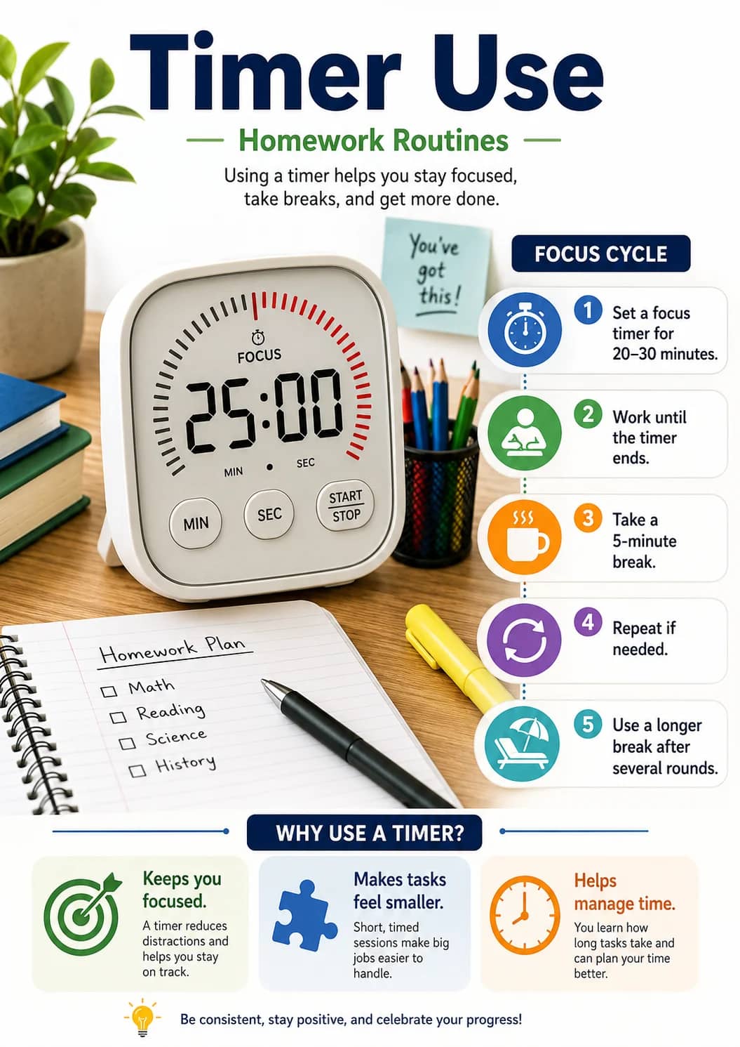 Timer Use infographic poster showing Using a timer helps you stay focused, take breaks, and get more done., WHY USE A TIMER?, Keeps you...