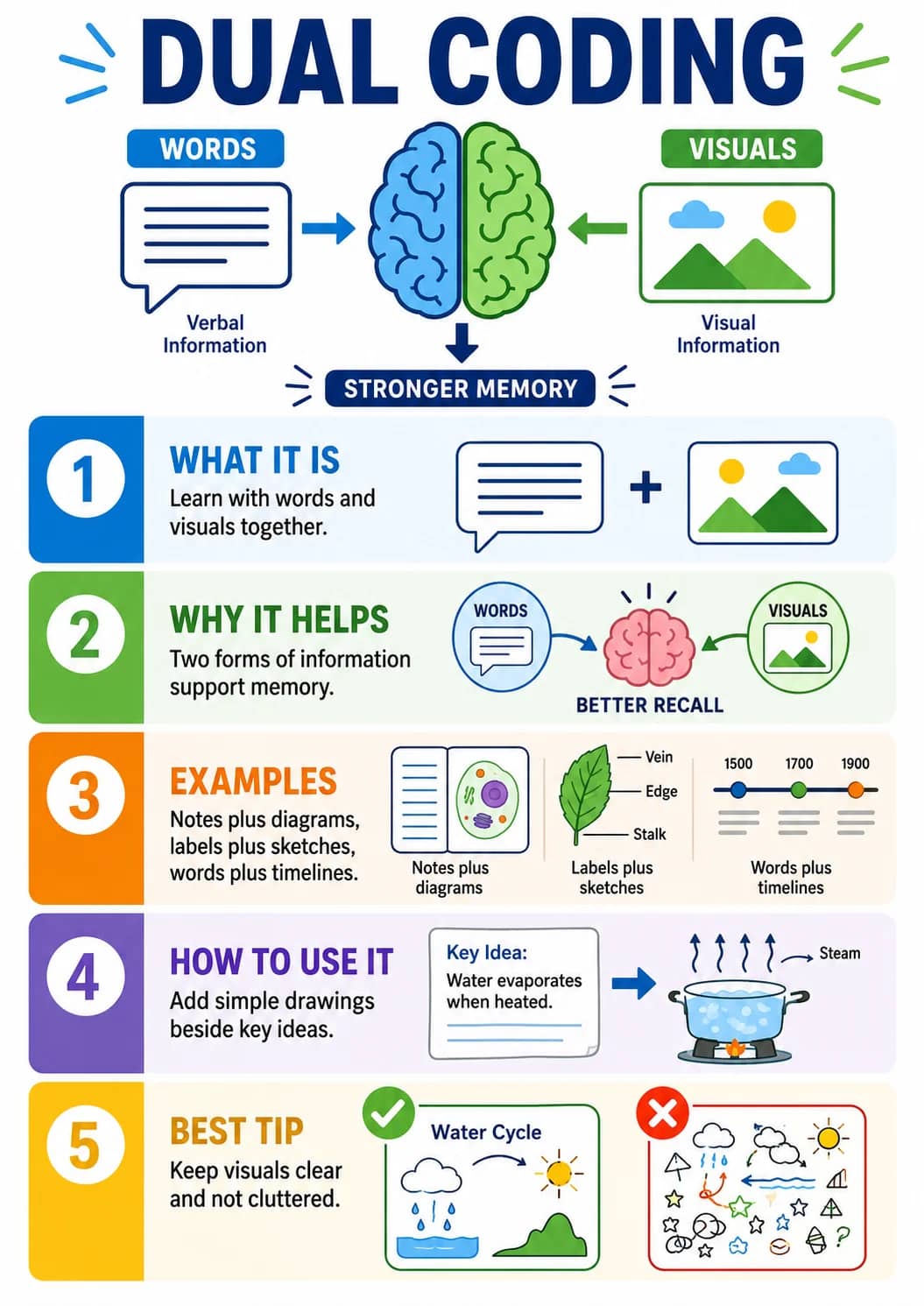 Dual Coding infographic poster showing WHAT IT IS, Learn with words and visuals together., WHY IT HELPS, Two forms of information support...