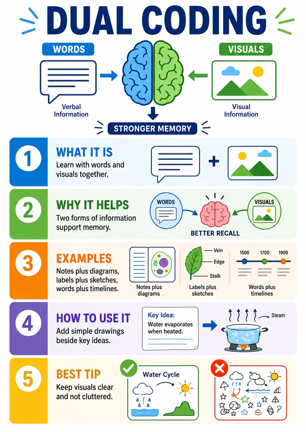 Dual Coding infographic poster showing WHAT IT IS, Learn with words and visuals together., WHY IT HELPS, Two forms of information support...