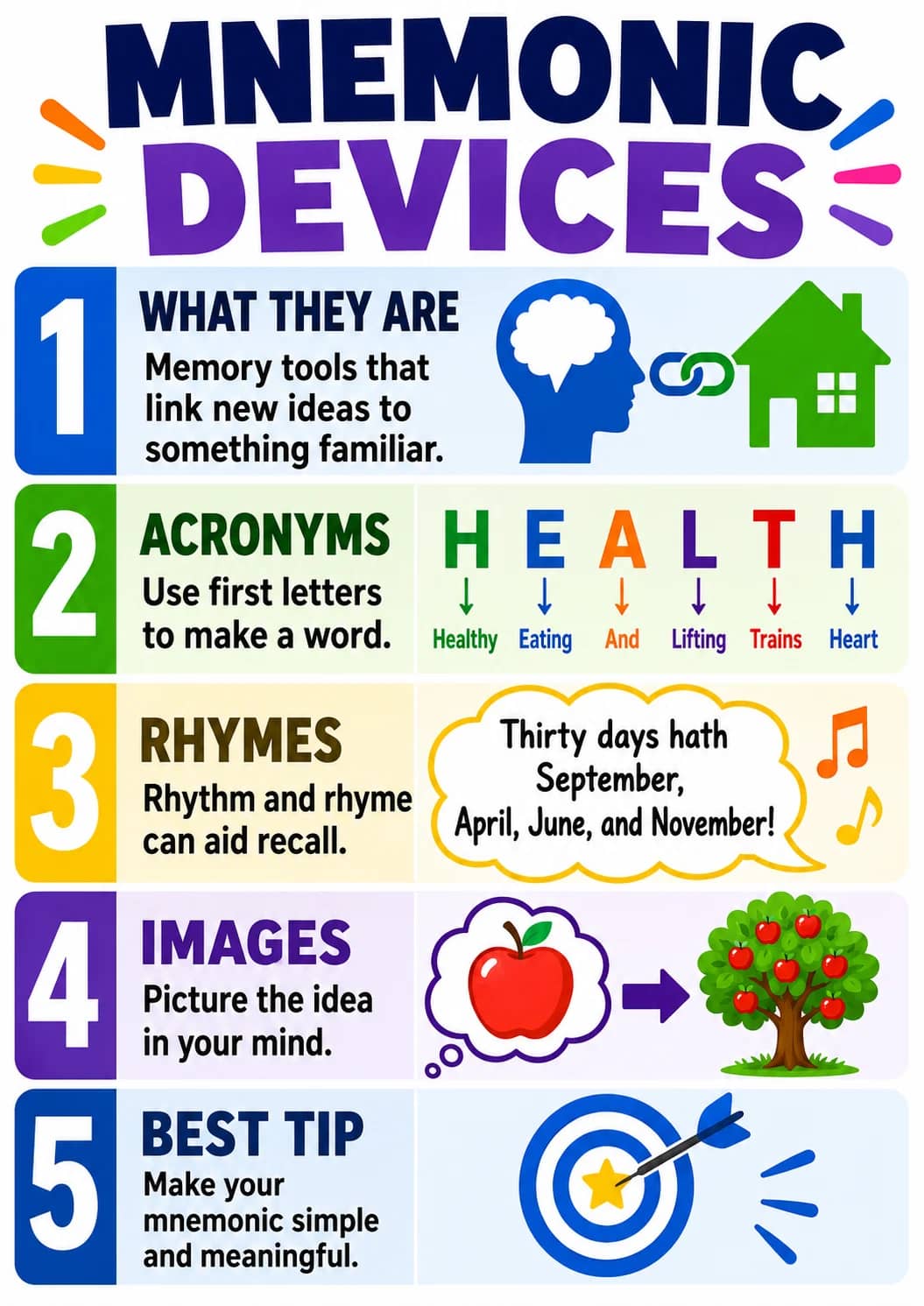 Mnemonic Devices infographic poster showing WHAT THEY ARE, Memory tools that link new ideas to something familiar., ACRONYMS, Use first...