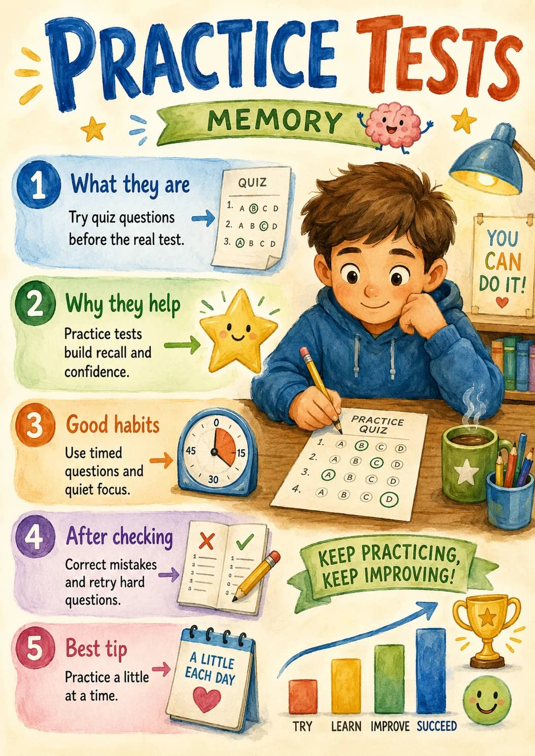 Practice Tests infographic poster showing 1 What they are, Try quiz questions before the real test., QUIZ, 1. A B C D and 2. A B C D for...