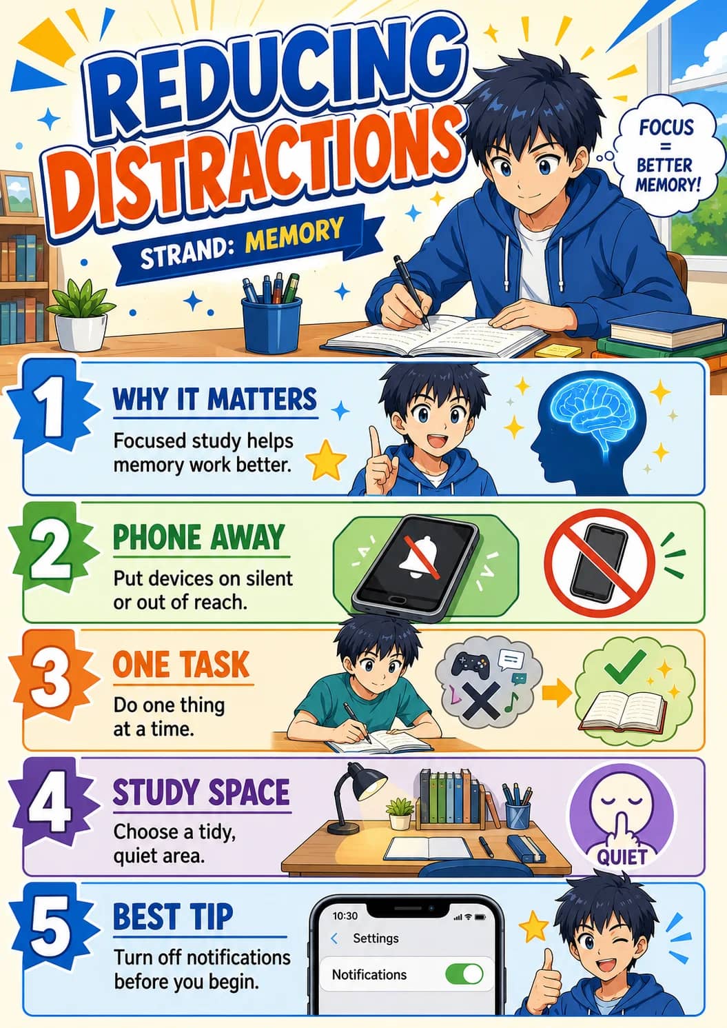 Reducing Distractions infographic poster showing STRAND: MEMORY, FOCUS, BETTER, MEMORY! and 1 WHY IT MATTERS for Memory.