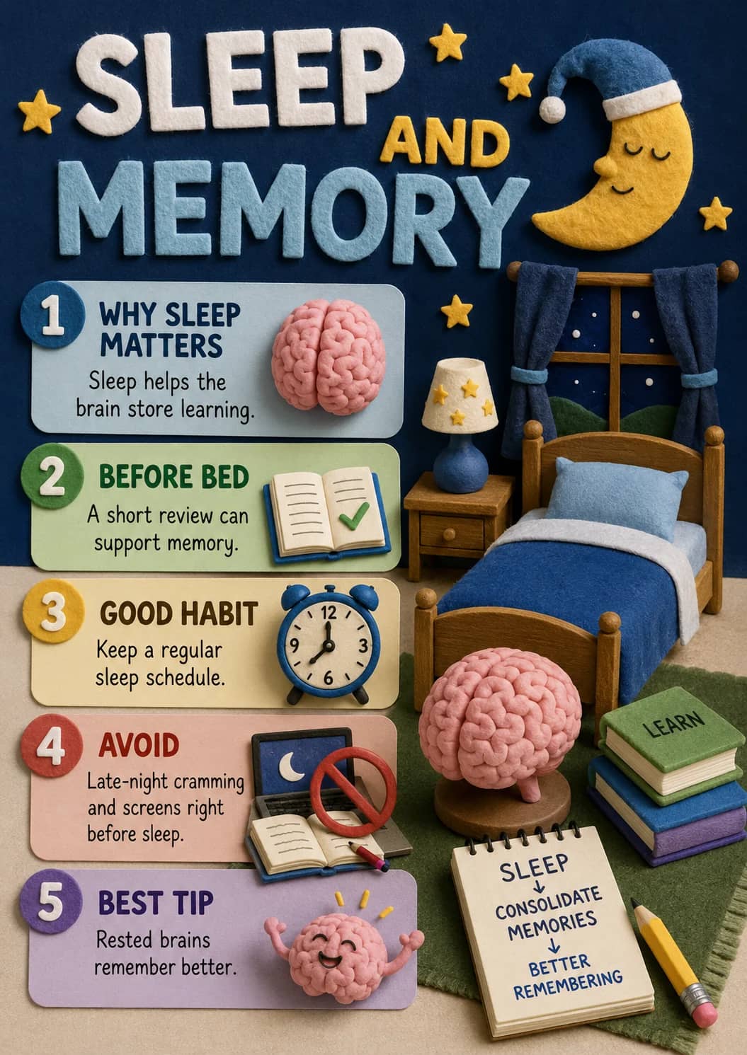 Sleep and Memory infographic poster showing 1 WHY SLEEP MATTERS, Sleep helps the brain store learning., 2 BEFORE BED, A short review can...