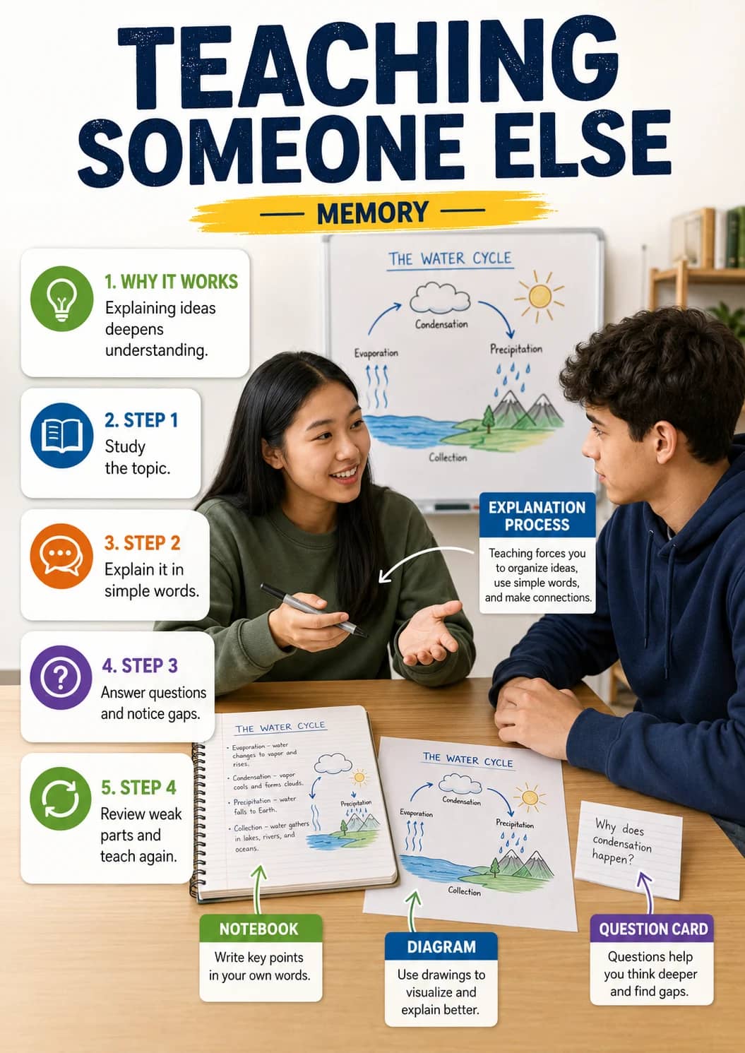 Teaching Someone Else infographic poster showing 1. WHY IT WORKS, Explaining ideas deepens understanding., 2. STEP 1, Study the topic. and...