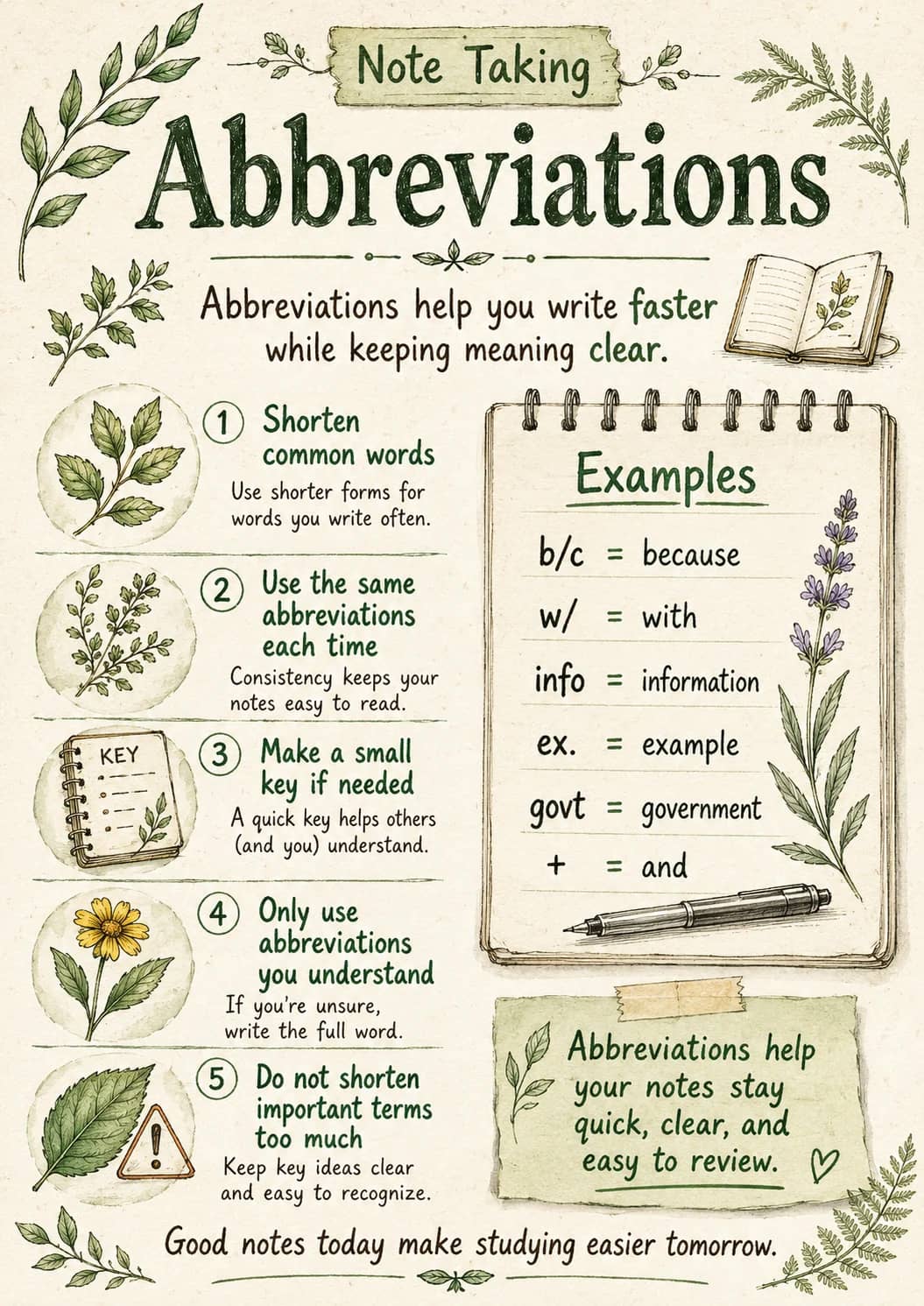 Abbreviations infographic poster showing Abbreviations help you write faster while keeping meaning clear., 1 Shorten common words, Use...