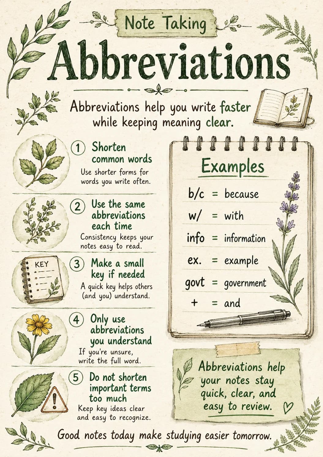 Abbreviations infographic poster showing Abbreviations help you write faster while keeping meaning clear., 1 Shorten common words, Use...