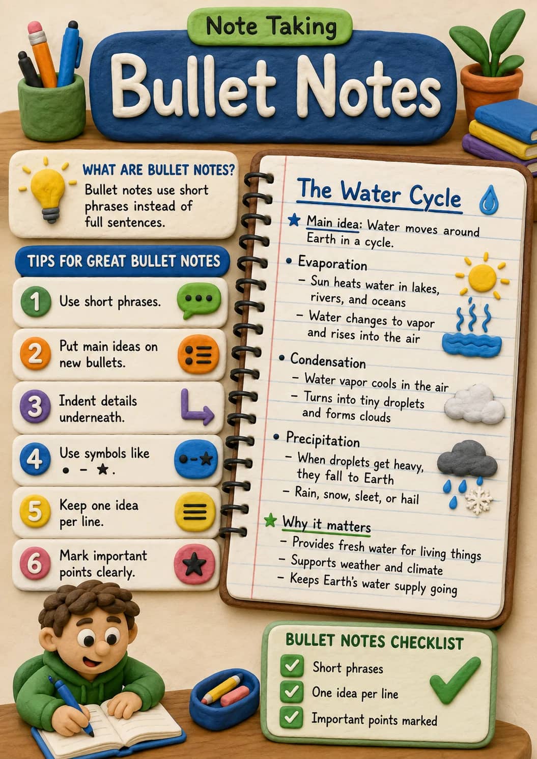 Bullet notes infographic poster showing WHAT ARE BULLET NOTES?, Bullet notes use short phrases instead of full sentences., TIPS FOR GREAT...