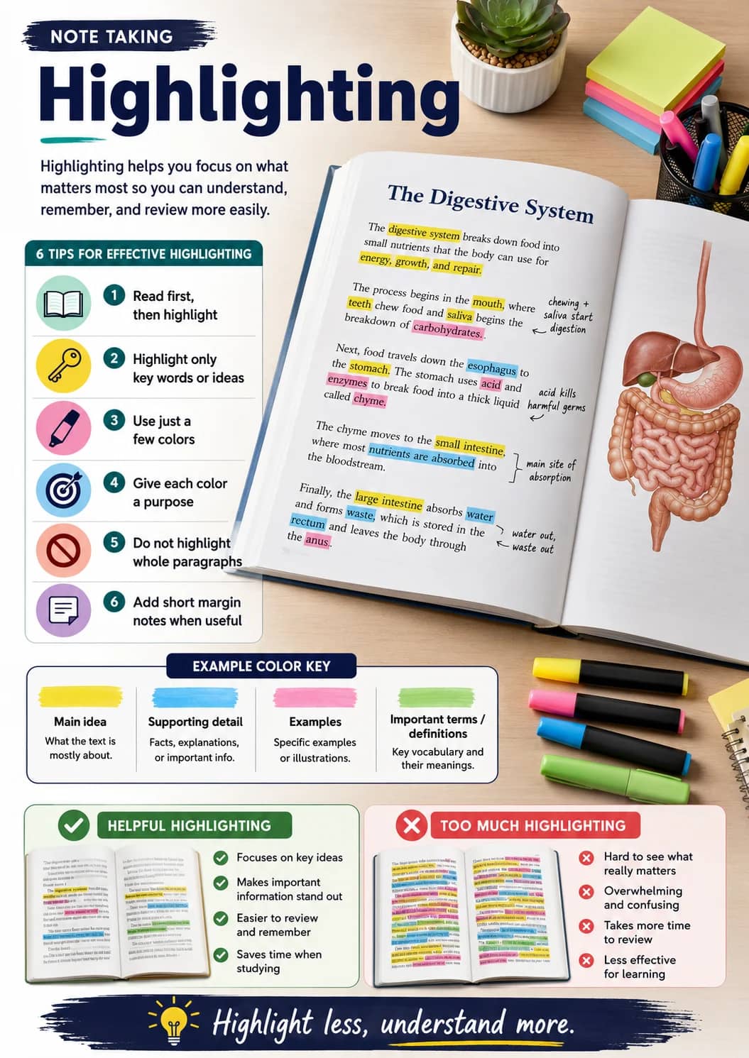 Highlighting infographic poster showing 6 TIPS FOR EFFECTIVE HIGHLIGHTING, 1 Read first, then highlight, 2 Highlight only key words or...
