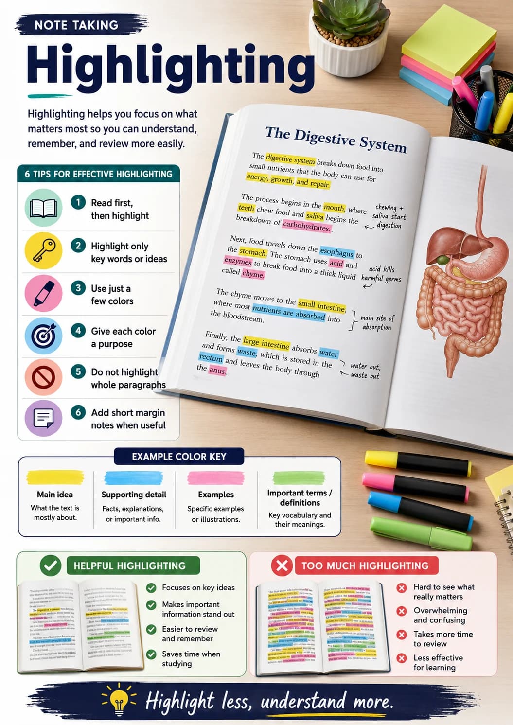 Highlighting infographic poster showing 6 TIPS FOR EFFECTIVE HIGHLIGHTING, 1 Read first, then highlight, 2 Highlight only key words or...