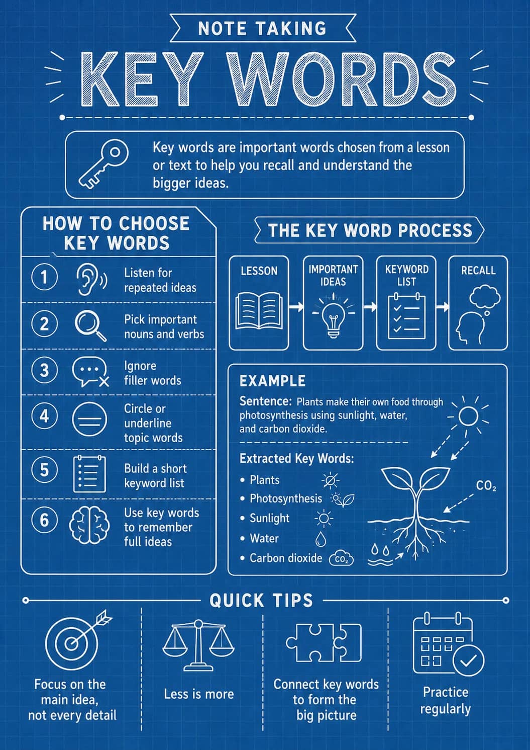 Key words infographic poster showing HOW TO CHOOSE, Listen for, repeated ideas, Pick important and nouns and verbs for Note Taking.