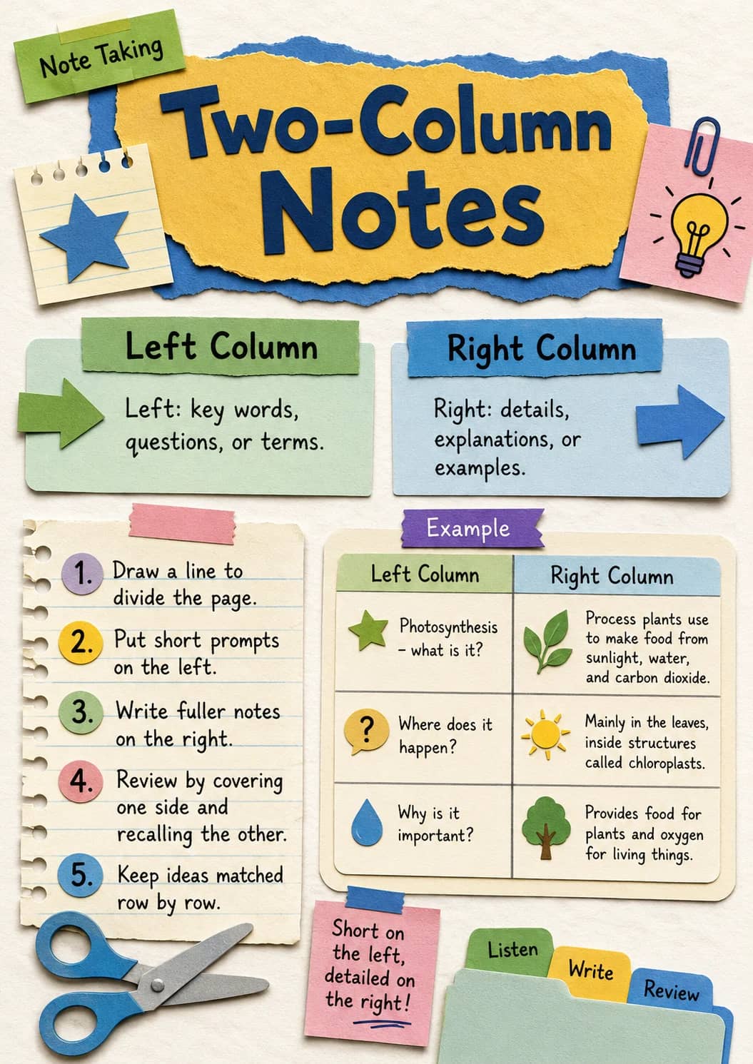 Two-column notes infographic poster showing Left Column, Left: key words, questions, or terms., Right Column, Right: details,...
