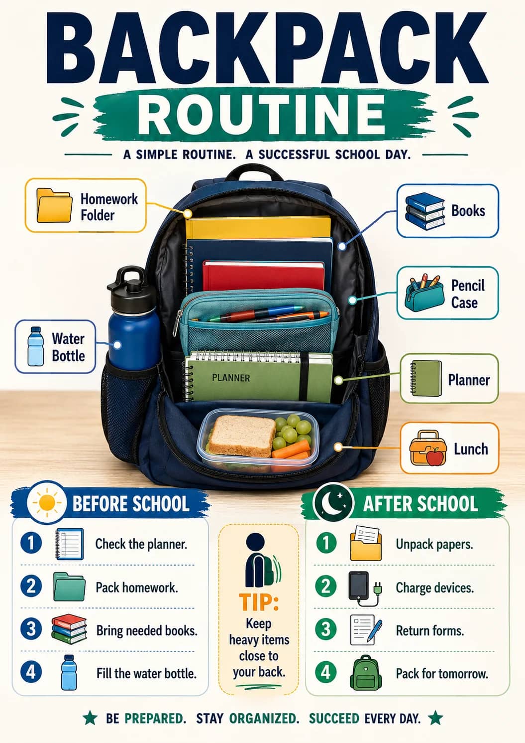 Backpack infographic poster showing ROUTINE, A SIMPLE ROUTINE. A SUCCESSFUL SCHOOL DAY., Homework, Folder and Books for Organization.
