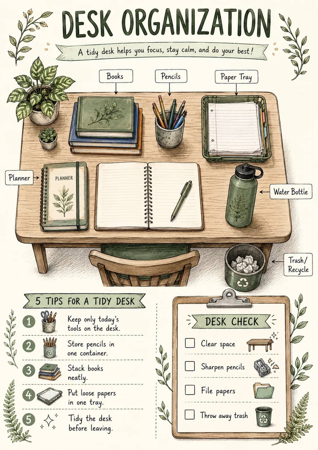 Desk Organization infographic poster showing A tidy desk helps you focus, stay calm, and do your best!, 5 TIPS FOR A TIDY DESK, Keep only...