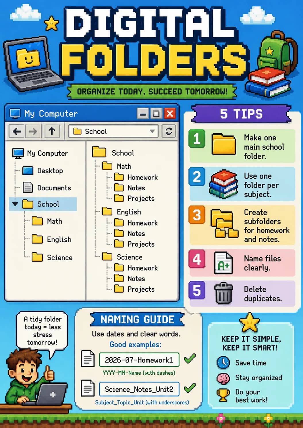 Digital Folders infographic poster showing ORGANIZE TODAY, SUCCEED TOMORROW!, 5 TIPS, 1. Make one main school folder., 2. Use one folder...
