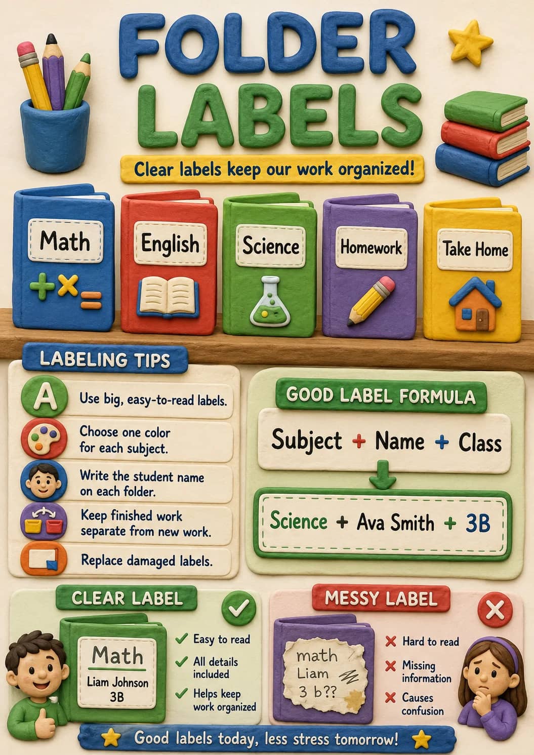 Folder labels infographic poster showing Clear labels keep our work organized!, LABELING TIPS, Use big, easy-to-read labels., Choose one...