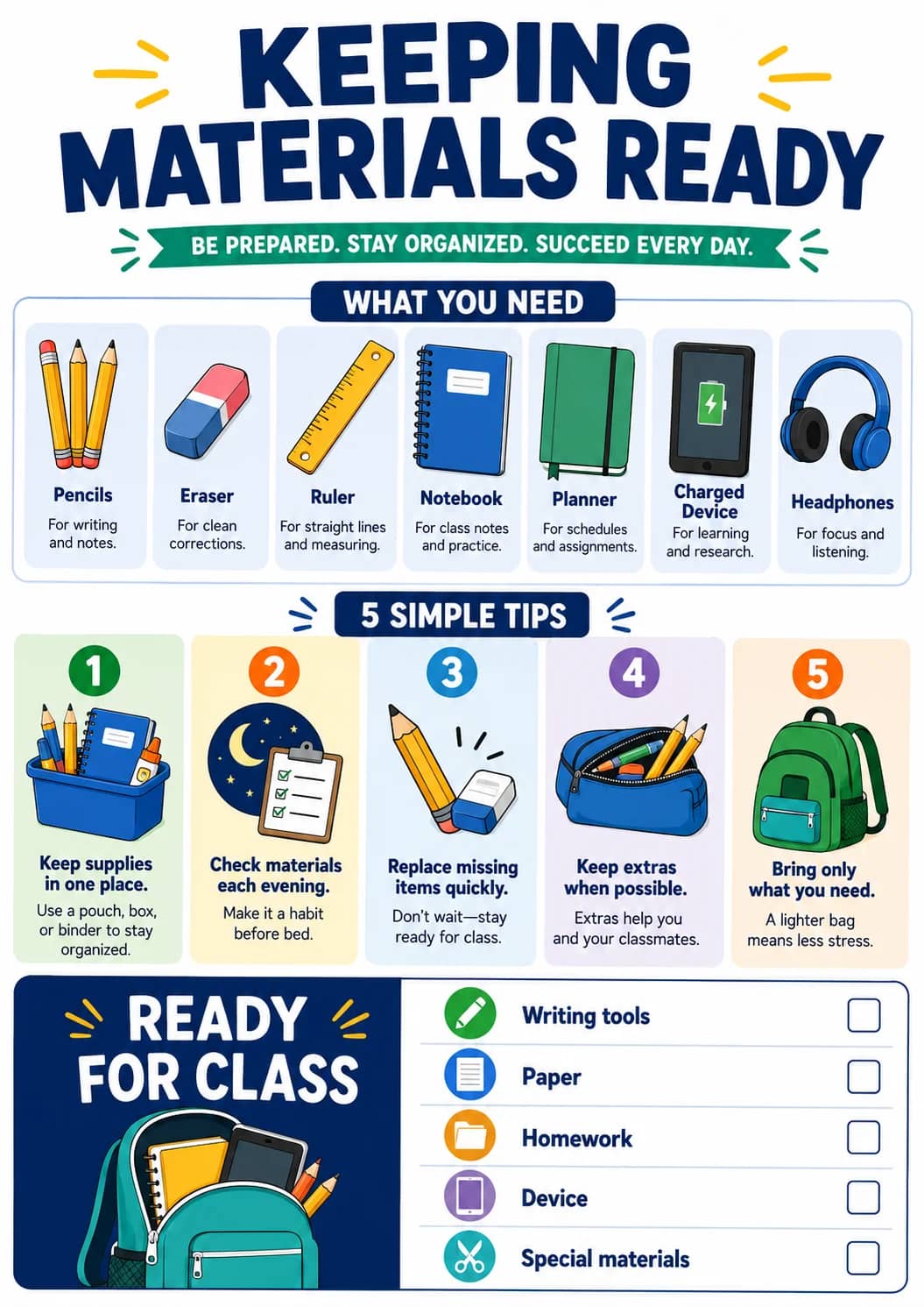 Keeping Materials Ready infographic poster showing BE PREPARED. STAY ORGANIZED. SUCCEED EVERY DAY., WHAT YOU NEED, Pencils, For writing...