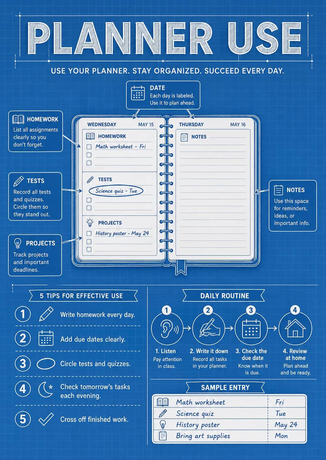 Planner Use infographic poster showing USE YOUR PLANNER. STAY ORGANIZED. SUCCEED EVERY DAY., 5 TIPS FOR EFFECTIVE USE, Write homework...