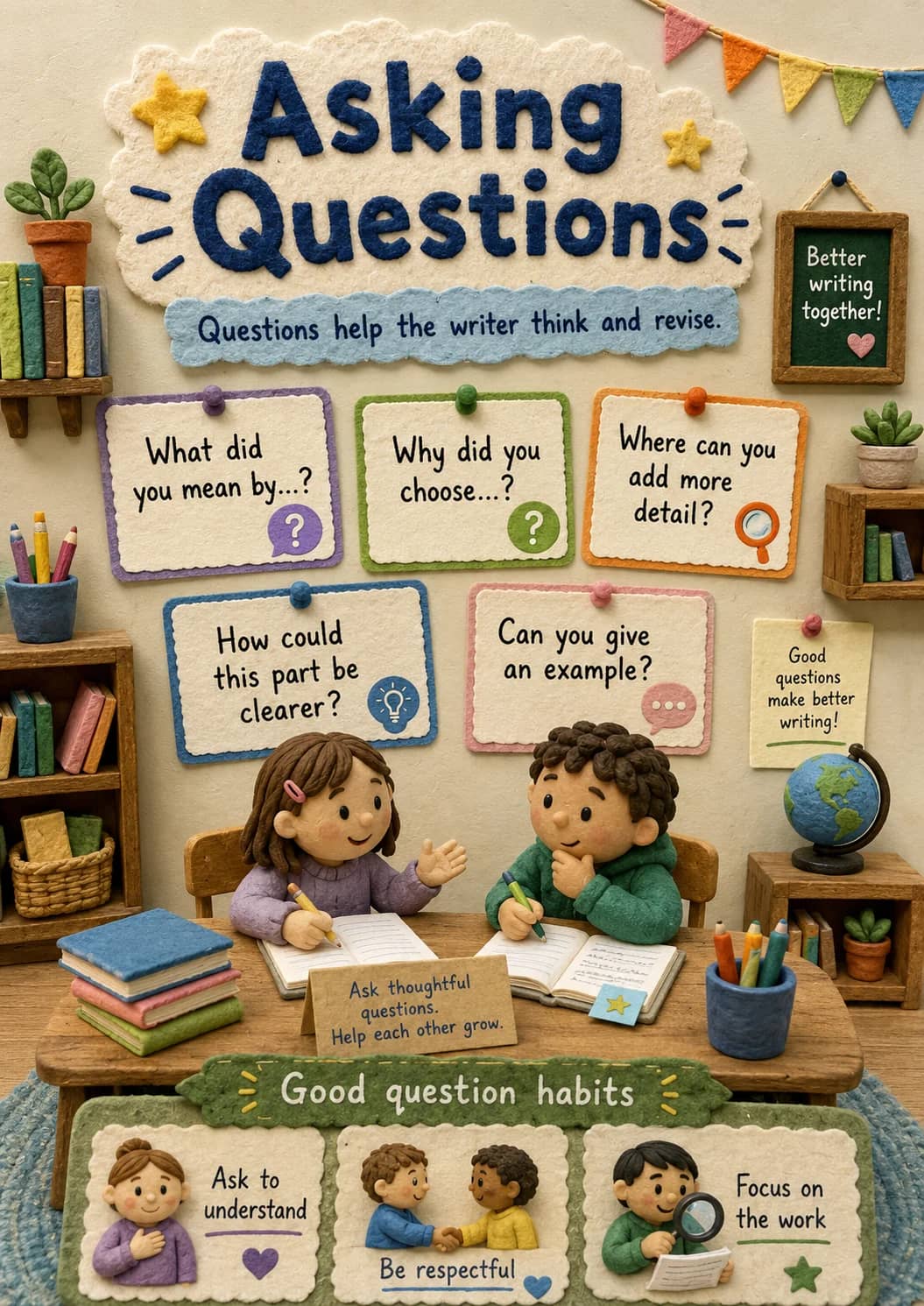 Asking Questions infographic poster showing Questions help the writer think and revise., Better writing together!, What did you mean...