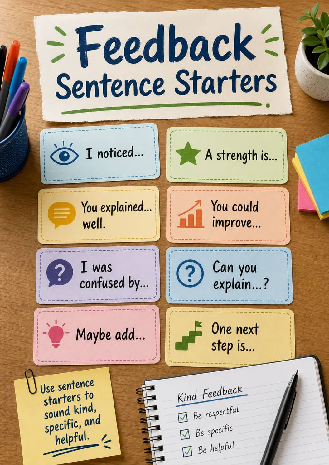 Feedback infographic poster showing Sentence Starters, I noticed..., A strength is..., You explained... and well. for Peer Feedback.