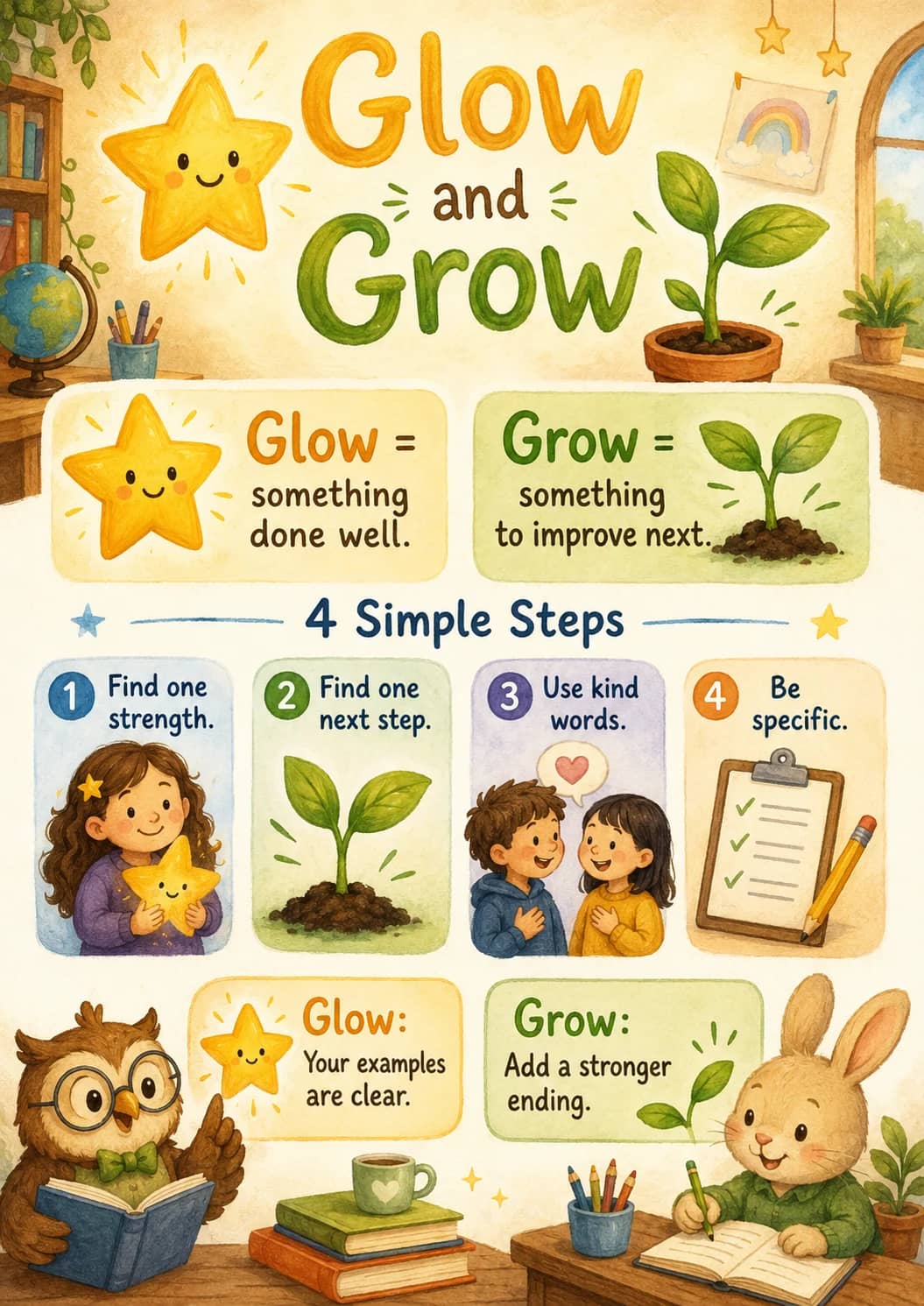Glow and Grow infographic poster showing Glow = something done well., Grow = something to improve next., 4 Simple Steps, 1 Find one...