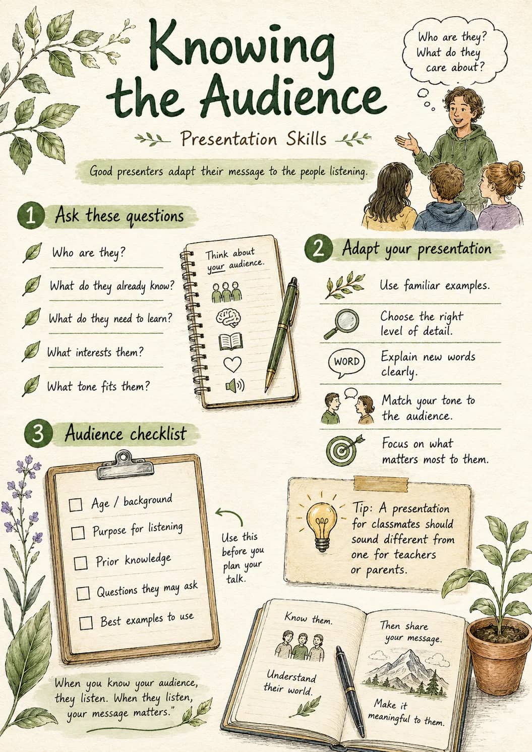 Knowing the Audience infographic poster showing Good presenters adapt their message to the people listening., Who are they?, What do they...