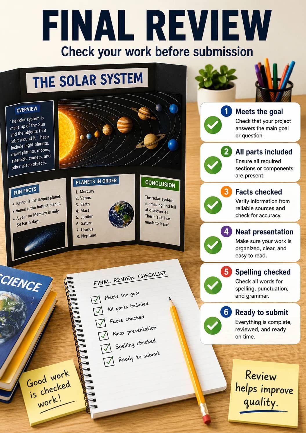 Final Review infographic poster showing Check your work before submission, 1 Meets the goal, Check that your project answers the main goal...