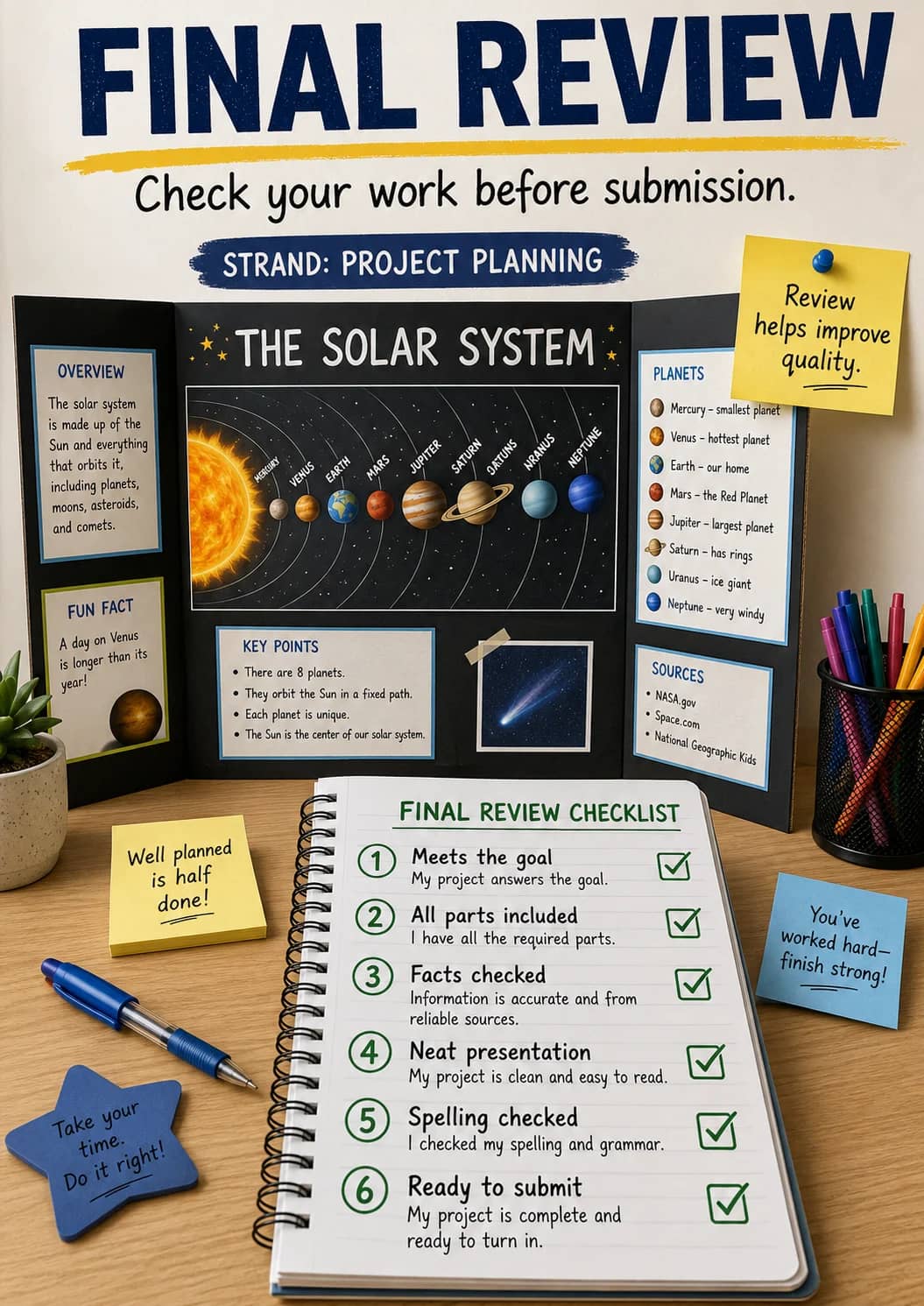 Final Review infographic poster showing Check your work before submission., STRAND: PROJECT PLANNING, FUN FACT, A day on Venus is longer...