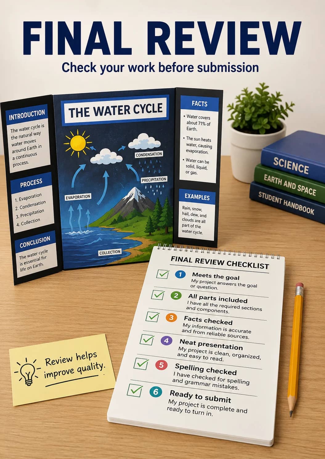 Final Review infographic poster showing Check your work before submission for Project Planning.