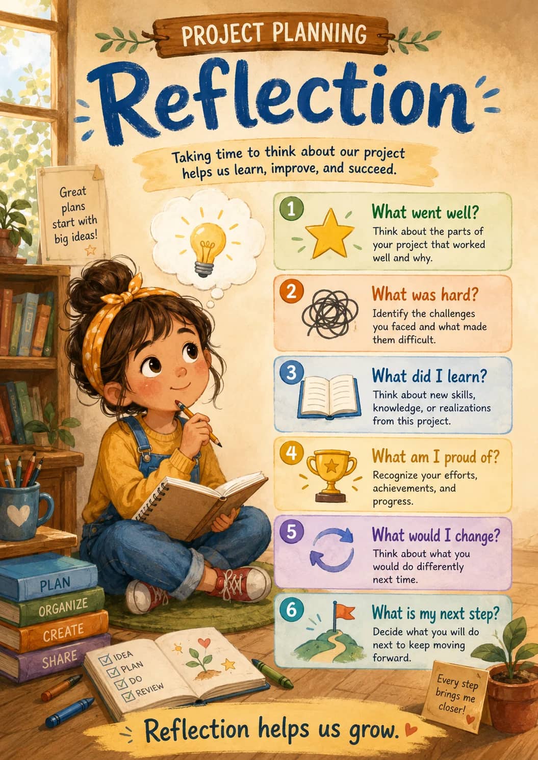 Project Planning infographic poster showing Reflection, Taking time to think about our project helps us learn, improve, and succeed.,...