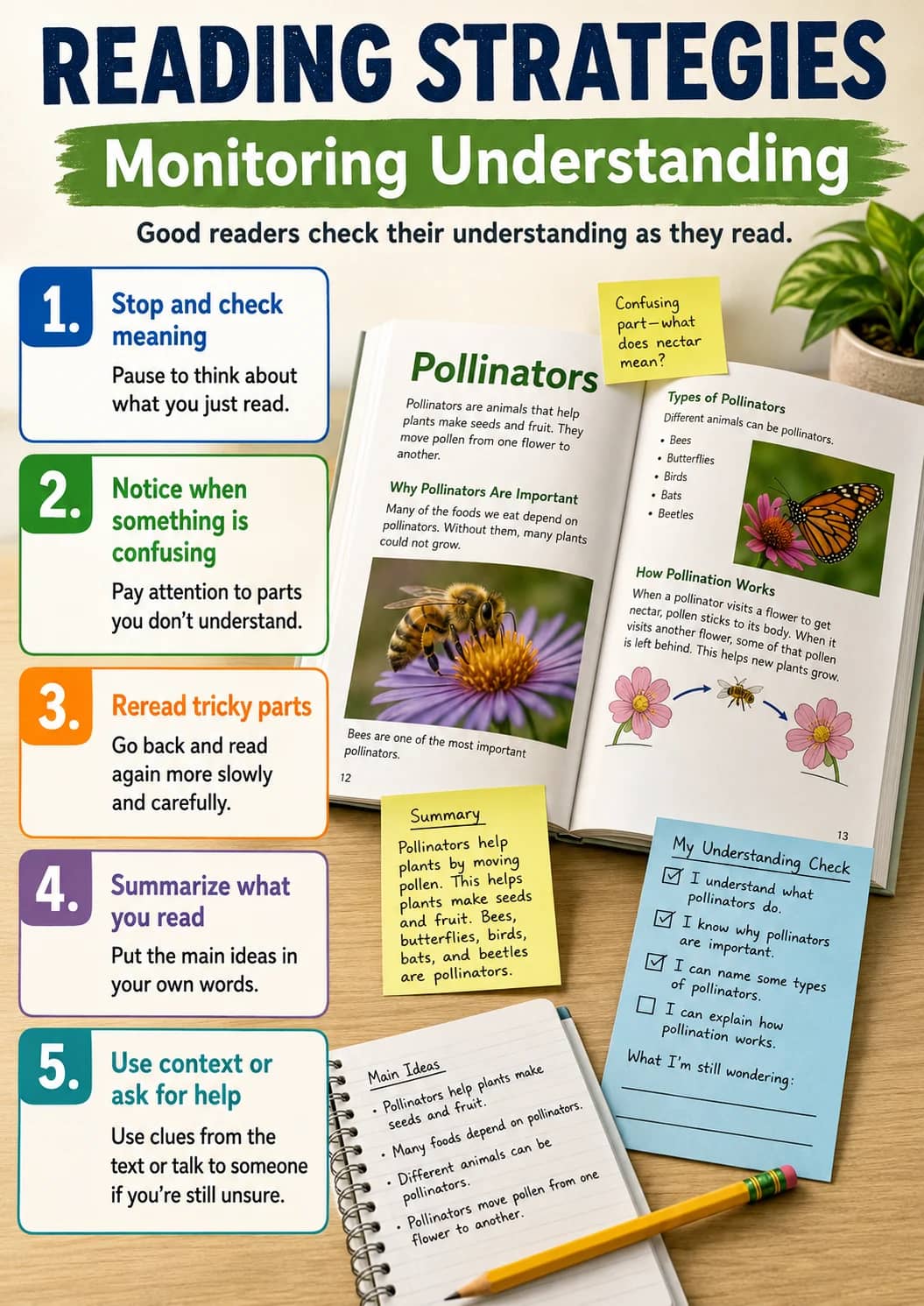 Monitoring understanding infographic poster showing Good readers check their understanding as they read., Stop and check meaning, Pause to...