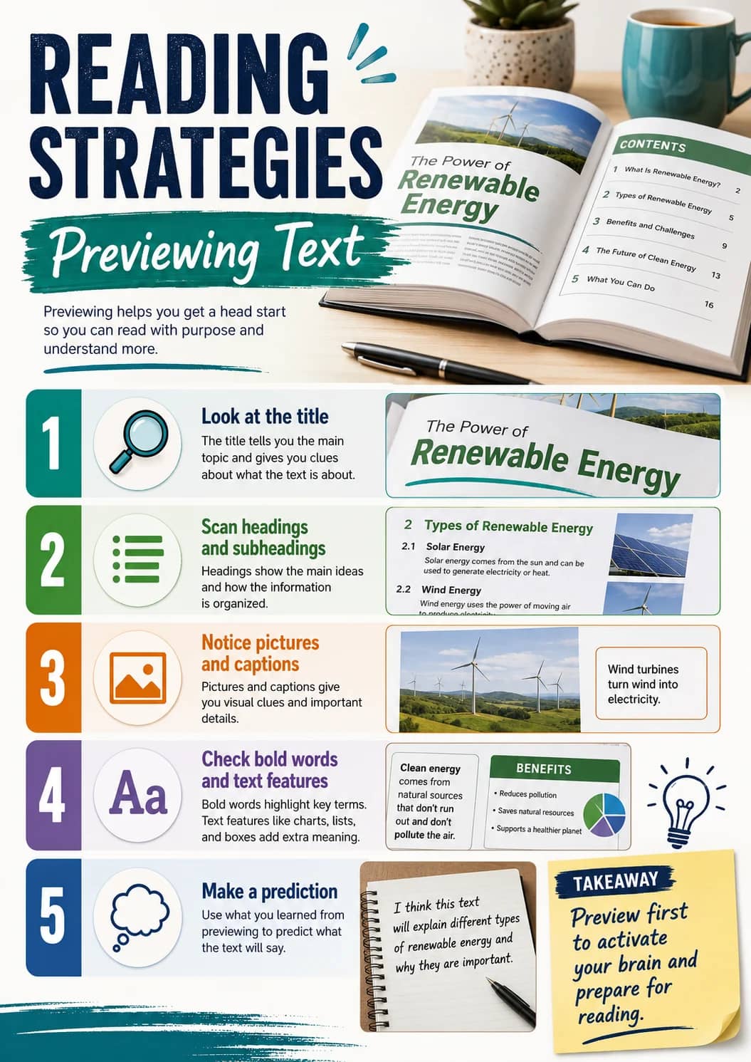 Previewing text infographic poster showing The Power of Renewable Energy, CONTENTS, 1 What Is Renewable Energy? 2, 2 Types of Renewable...