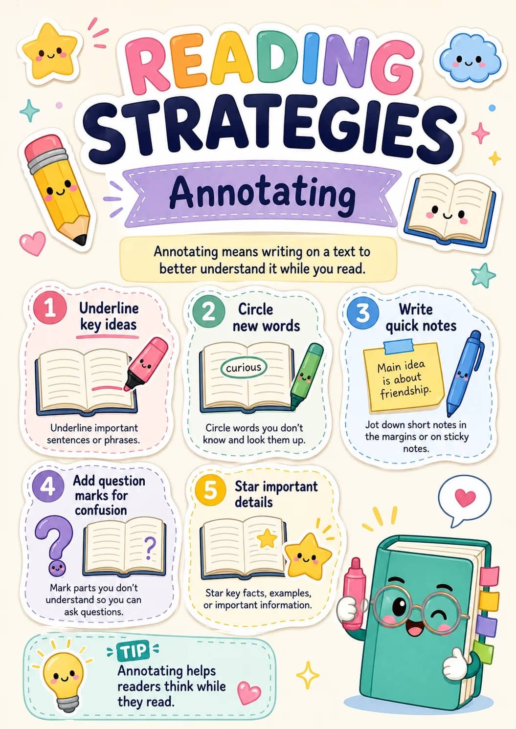 Reading infographic poster showing STRATEGIES, Annotating, Annotating means writing on a text to better understand it while you read.,...