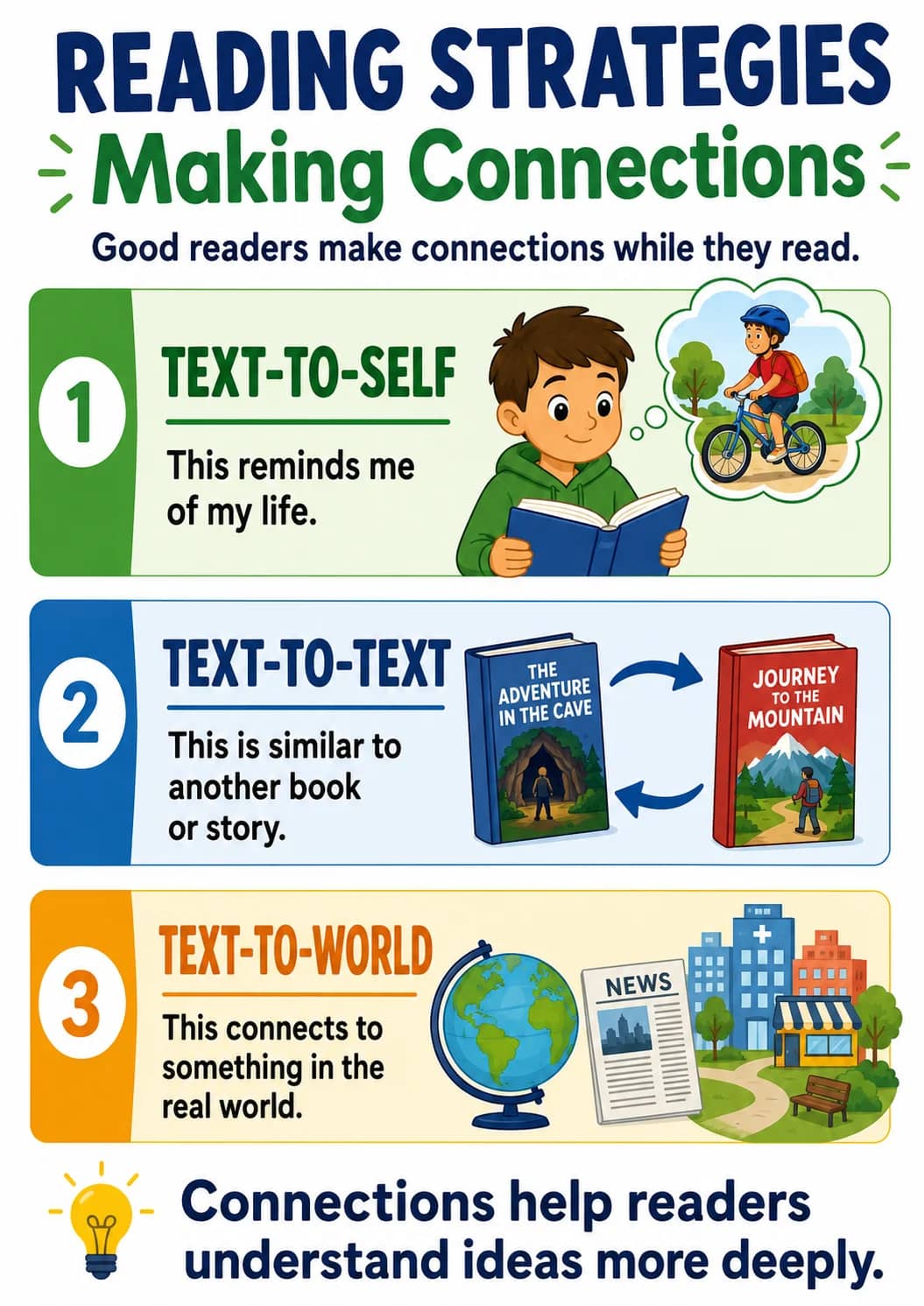 Reading Strategies infographic poster showing Making Connections, Good readers make connections while they read., TEXT-TO-SELF, This...